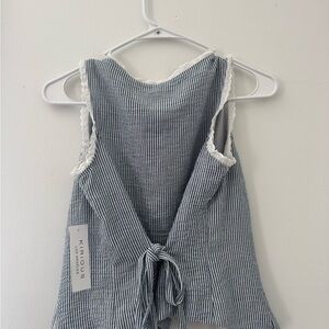 KIRIOUS Blue Striped Sleeveless Blouse with Lace Trim
